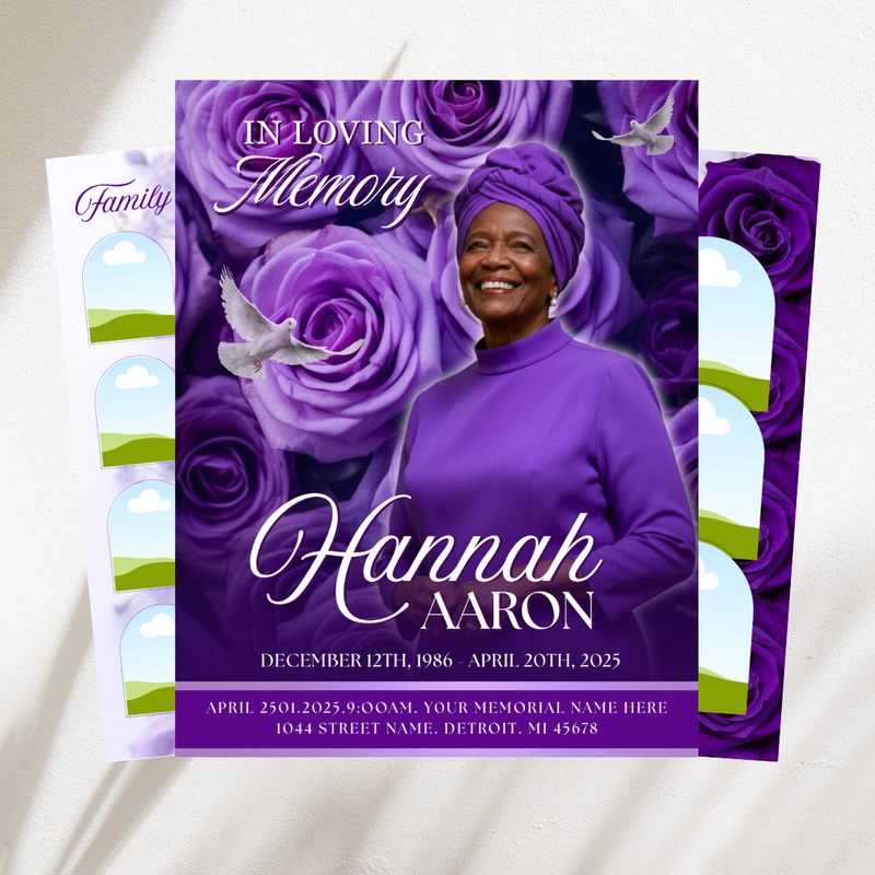 Purple Roses Funeral Program Template, Memorial Obituary (Canva Template)
