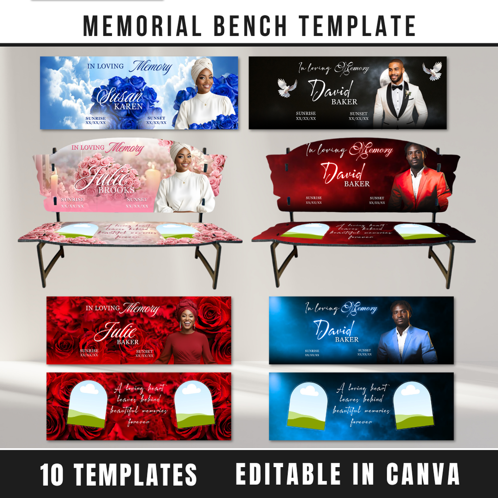 Memorial Bench 10 Canva Templates, Editable, Roses Design, Celebration of Life (PDF File)