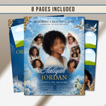 Blue Elegant Funeral Program Canva Template | White Rose Green Gold Theme | 8 Page Memorial Booklet