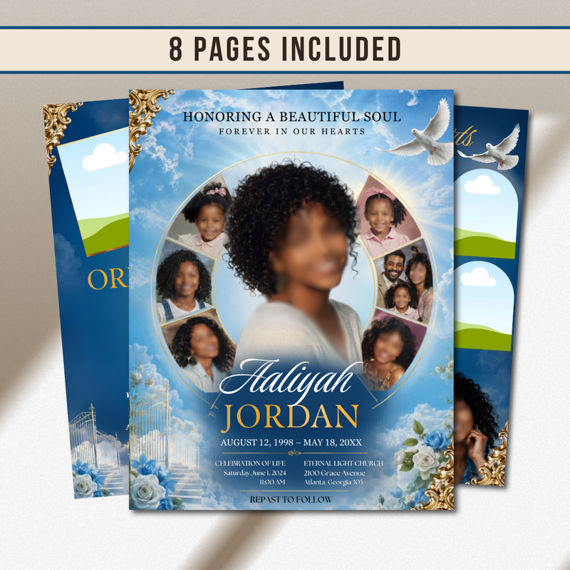 Blue Elegant Funeral Program Canva Template | White Rose Green Gold Theme | 8 Page Memorial Booklet