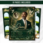 Green & Gold Funeral Program Canva Template |8 Page Memorial Booklet