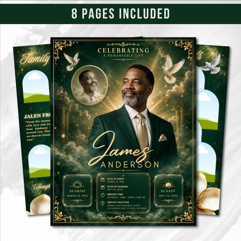Green & Gold Funeral Program Canva Template |8 Page Memorial Booklet
