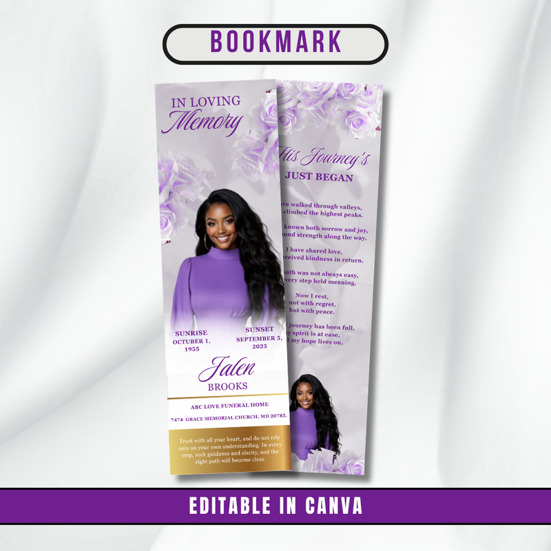 Purple Gold Roses Memorial Bookmark Template: Funeral Keepsake (Canva PDF)