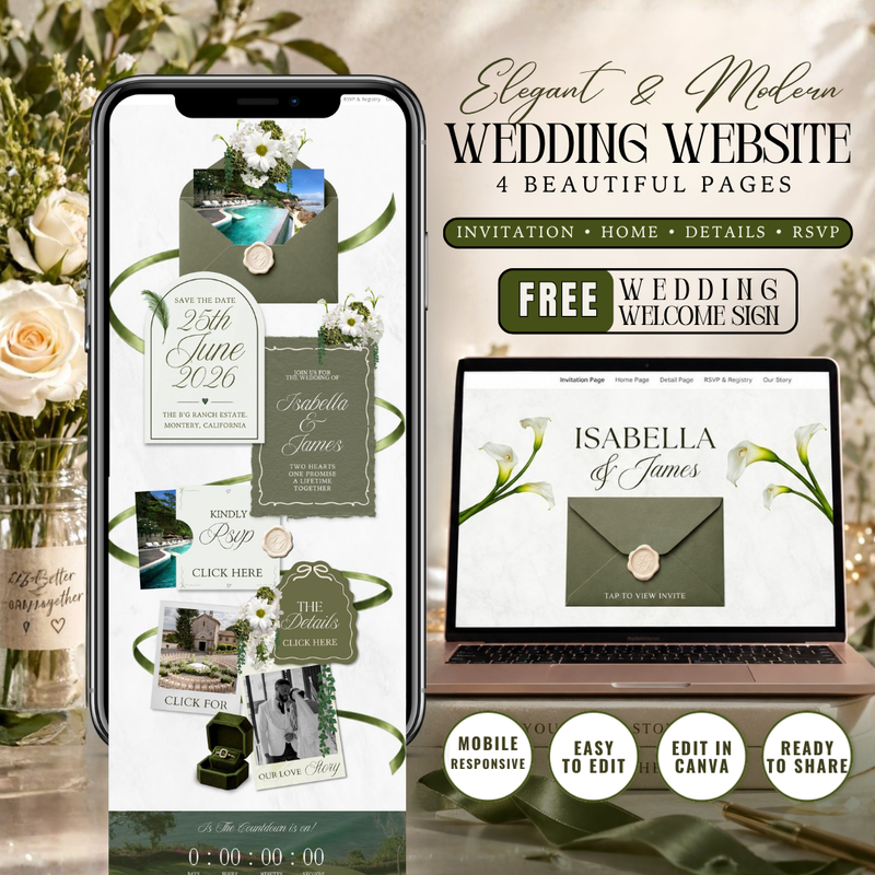 Green & White Floral Wedding Website Template with RSVP: Editable Canva Design (Digital Download)