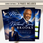 Blue Funeral Program Canva Template | 8 Page Memorial Booklet (Canva, PDF)