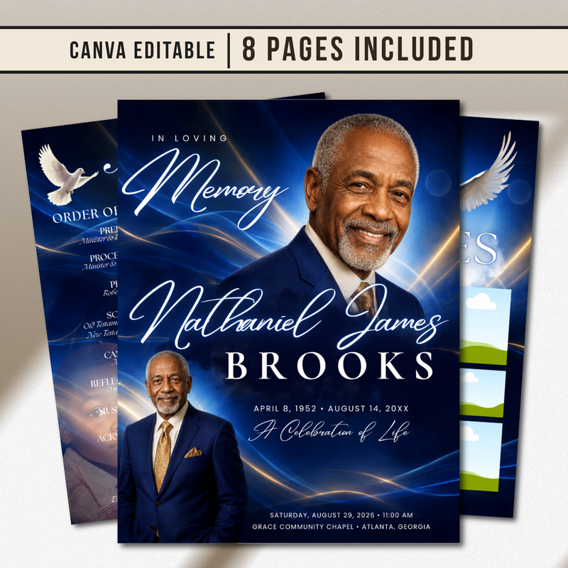 Blue Funeral Program Canva Template | 8 Page Memorial Booklet (Canva, PDF)