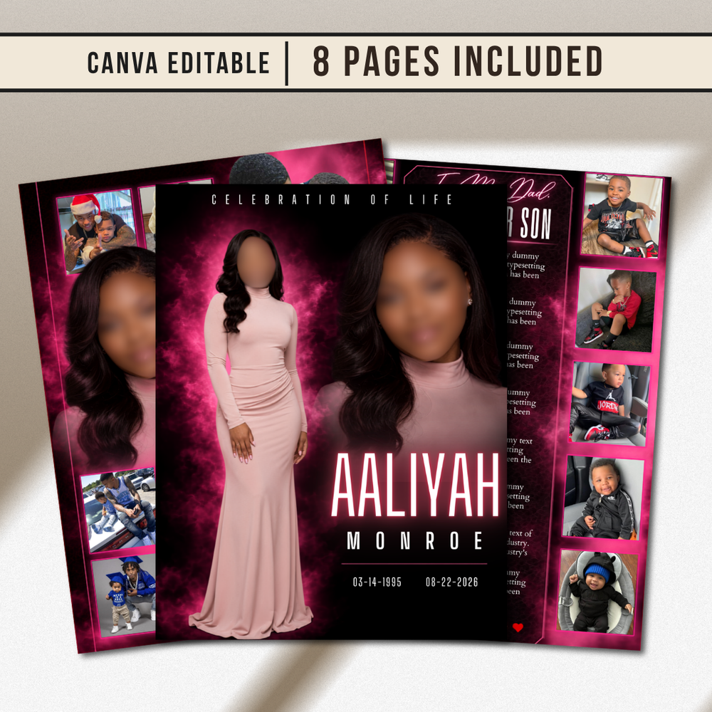 Pink Funeral Program Canva Template | Pink Theme | 8 Page Memorial Booklet