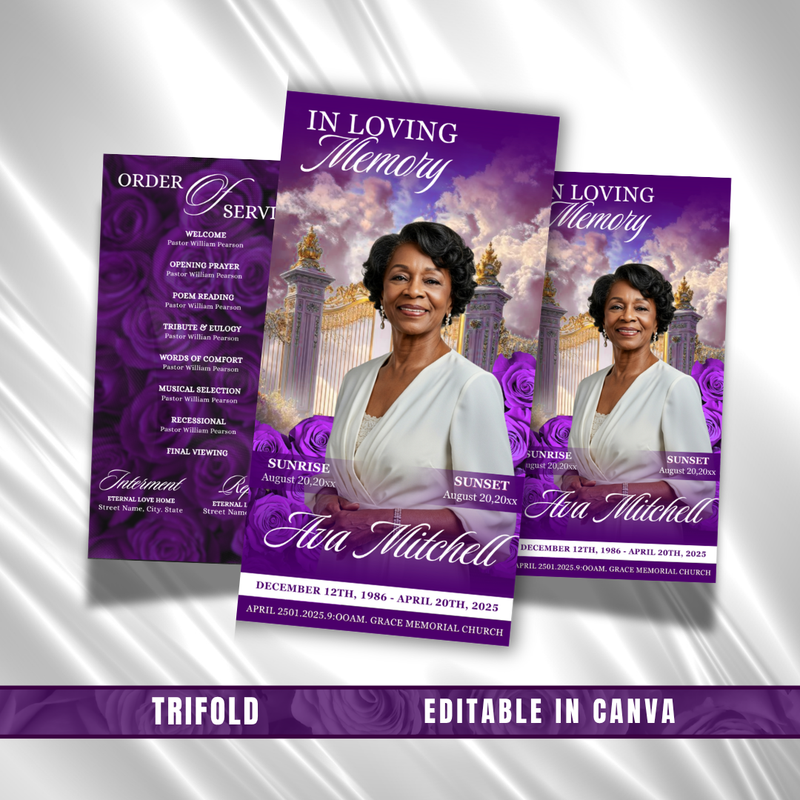 Purple Roses Funeral Program Template: Trifold Memorial (Canva Template)