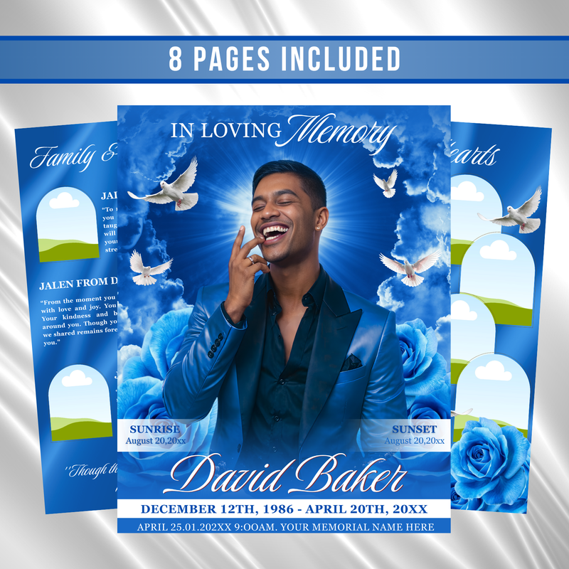 Blue Roses Funeral Program Template: 8-Page Memorial (Canva PDF)