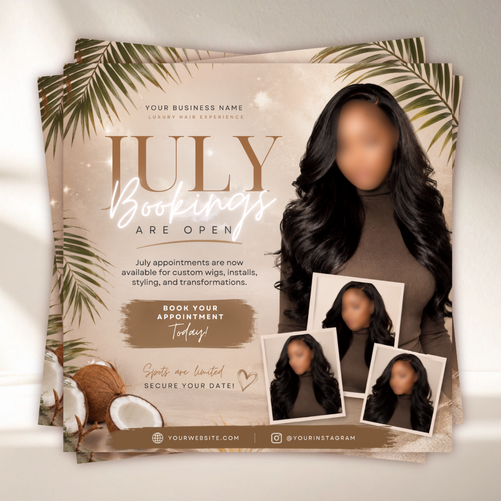 July Booking Flyer, Summer Beauty Flyer, Now Booking July, July 4th Flyer, Hair Braid Lash Brow Flyer, Fourth of July, Books Open, DIY Canva
