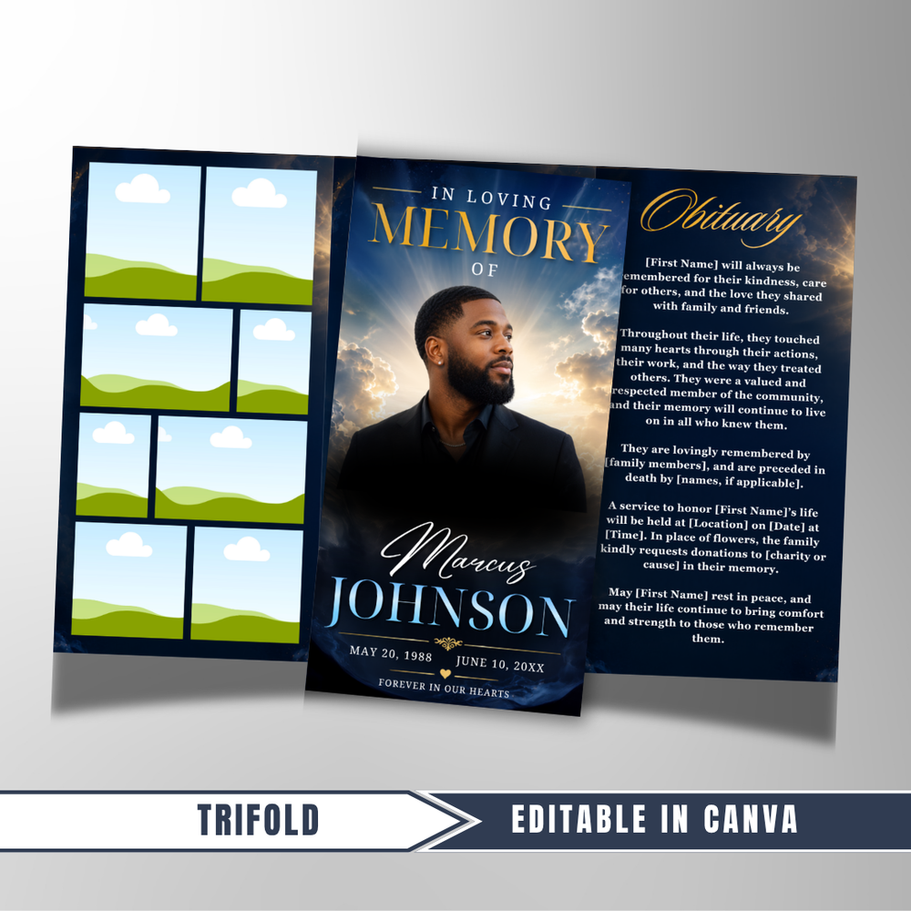 Blue & Gold Roses Funeral Program Template: Trifold Memorial (Canva Template)