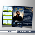 Blue & Gold Roses Funeral Program Template: Trifold Memorial (Canva Template)