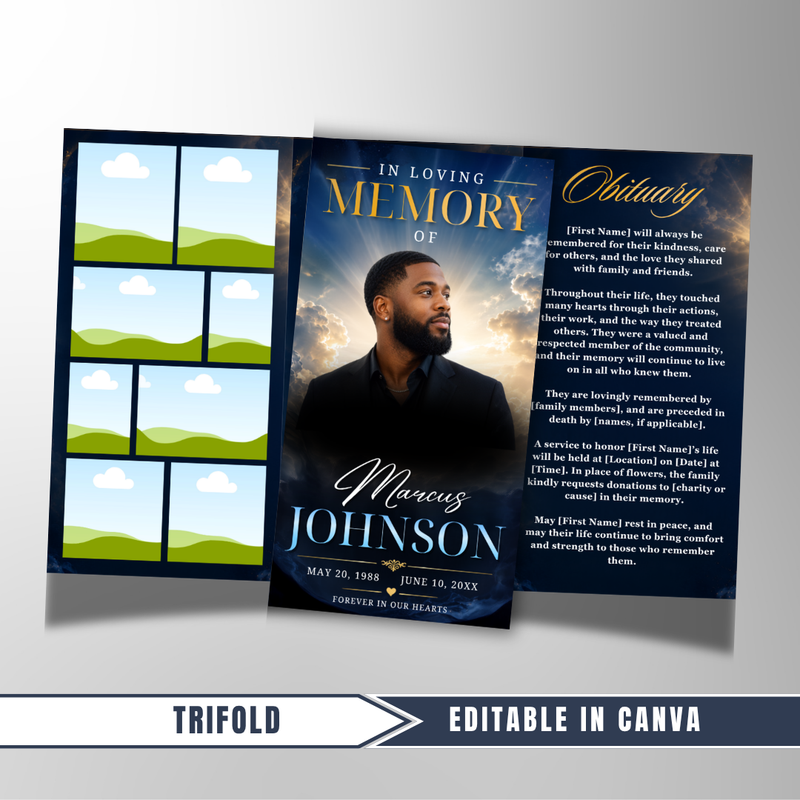 Blue & Gold Roses Funeral Program Template: Trifold Memorial (Canva Template)