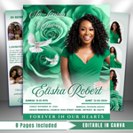Green Roses Funeral Program Template: 8-Page Memorial (Canva, PDF Download)