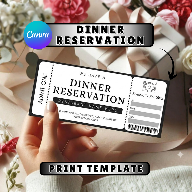 Boho Dinner Reservation Ticket Template, Editable Canva Gift (Digital Download)
