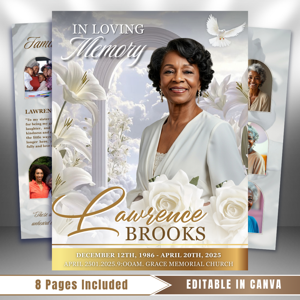 White Roses Funeral Program Template: 8-Page Memorial, Celebration of Life (Canva, PDF Download)