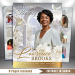 White Roses Funeral Program Template: 8-Page Memorial, Celebration of Life (Canva, PDF Download)