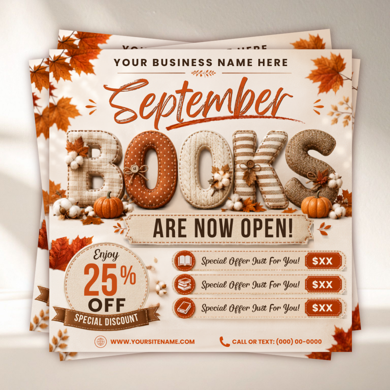 Fall Season Booking Flyer, September Books Are Open, Fall SZN Sale, Autumn Beauty Flyer for Hair, Nails, Lashes, Wig Install, Hair stylist