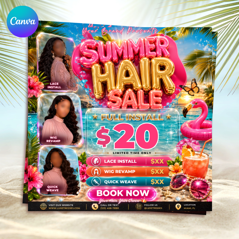 Summer Hair Flyer, Hairstylist Booking Template (Digital Download)