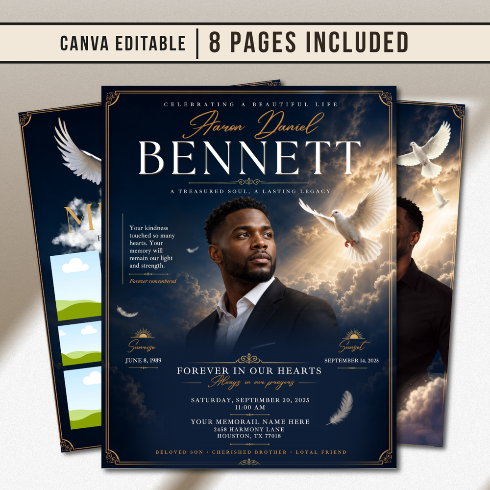 Funeral Program Canva Template | sky Theme | 8 Page Memorial Booklet