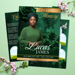 Green & Gold Roses Funeral Program Template, Memorial Obituary (Canva Template)