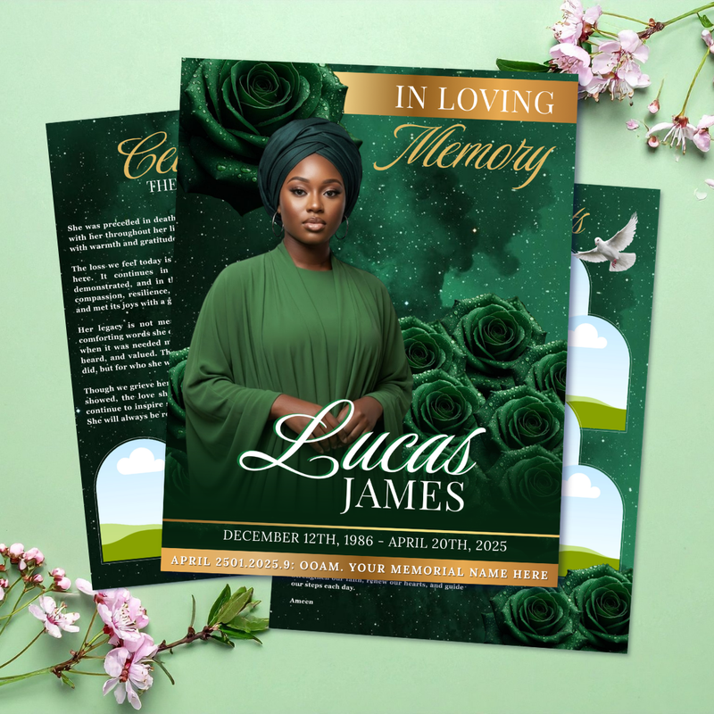 Green & Gold Roses Funeral Program Template, Memorial Obituary (Canva Template)
