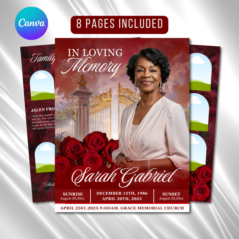 Red Roses Funeral Program Template: 8-Page Memorial (Canva, Digital Download)