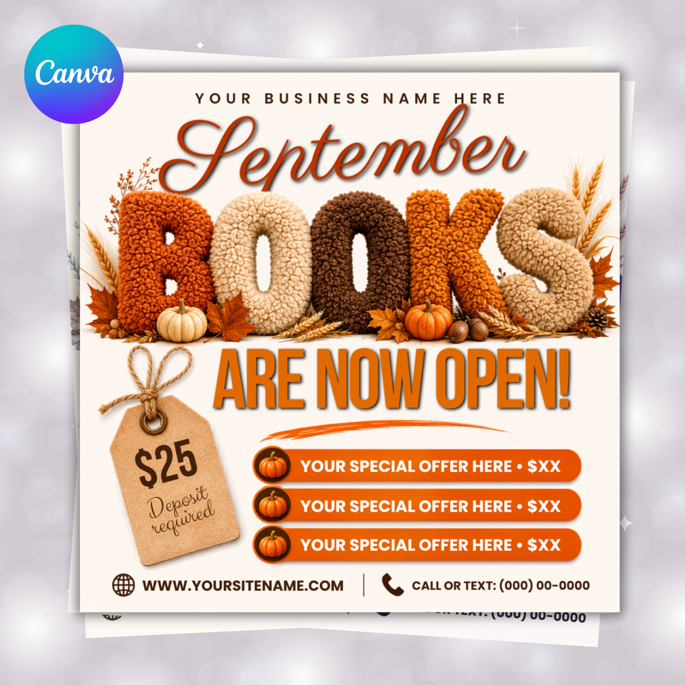 September Booking Flyer, September flyer, Fall Booking Flyer, September Books Open, Wig Install, Lash Nail Braids Flyer, Editable in Canva