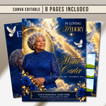 Blue & Gold Funeral Program Canva Template |8 Page Memorial Booklet
