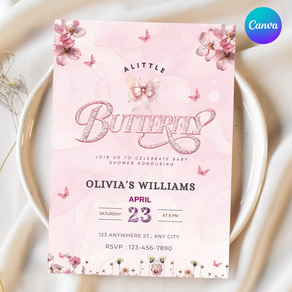 Butterfly Invitation, Pink Butterfly Baby Shower Invite, Editable Canva Template, Baby Shower Printable (Digital Download)