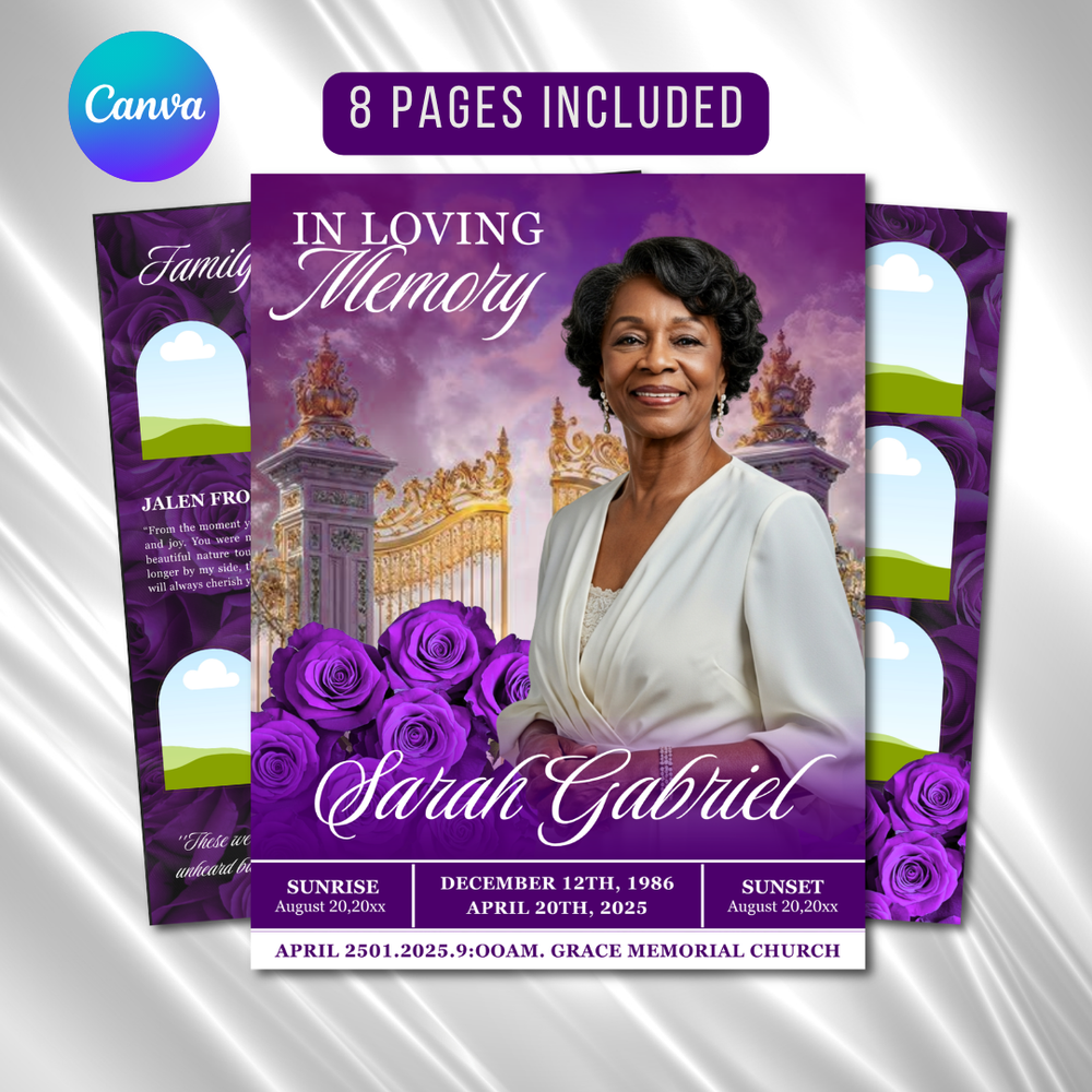 Purple Roses Funeral Program Template: 8-Page Memorial (Canva, Digital Download)
