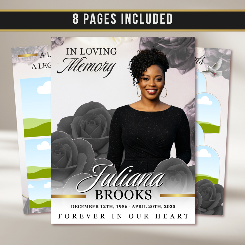 Grey Roses Funeral Program Template: Celebration of Life (Canva, 8 Pages, Digital Download)