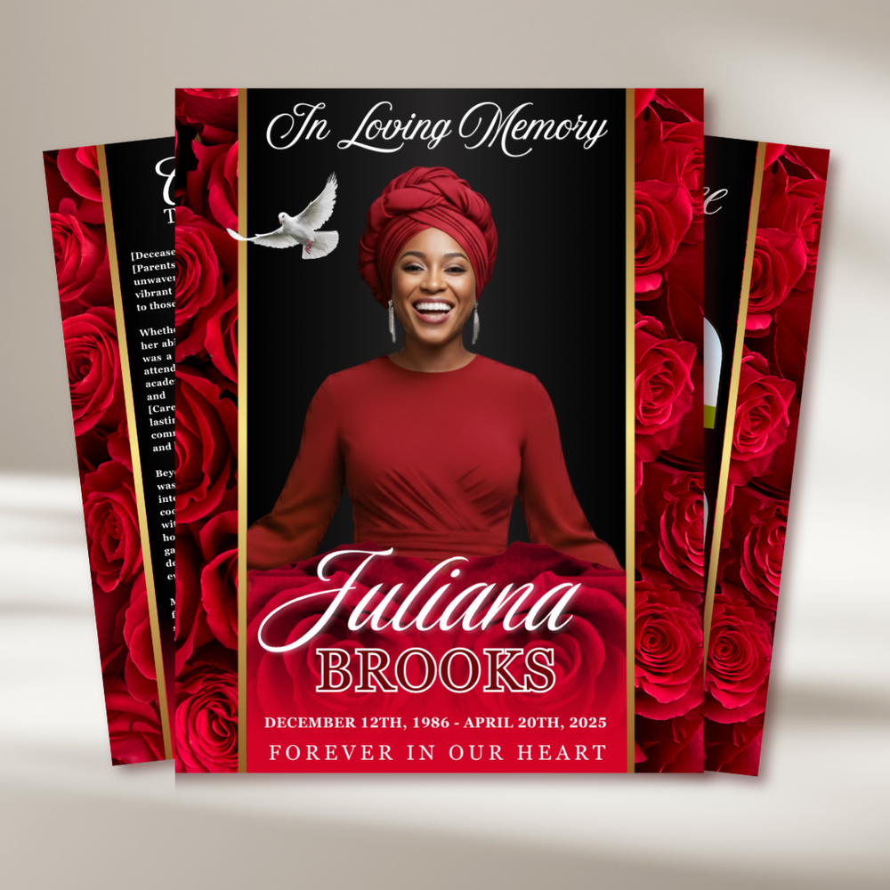 Red Roses Funeral Program Template: Celebration of Life (Canva, 8 Pages, Digital Download)