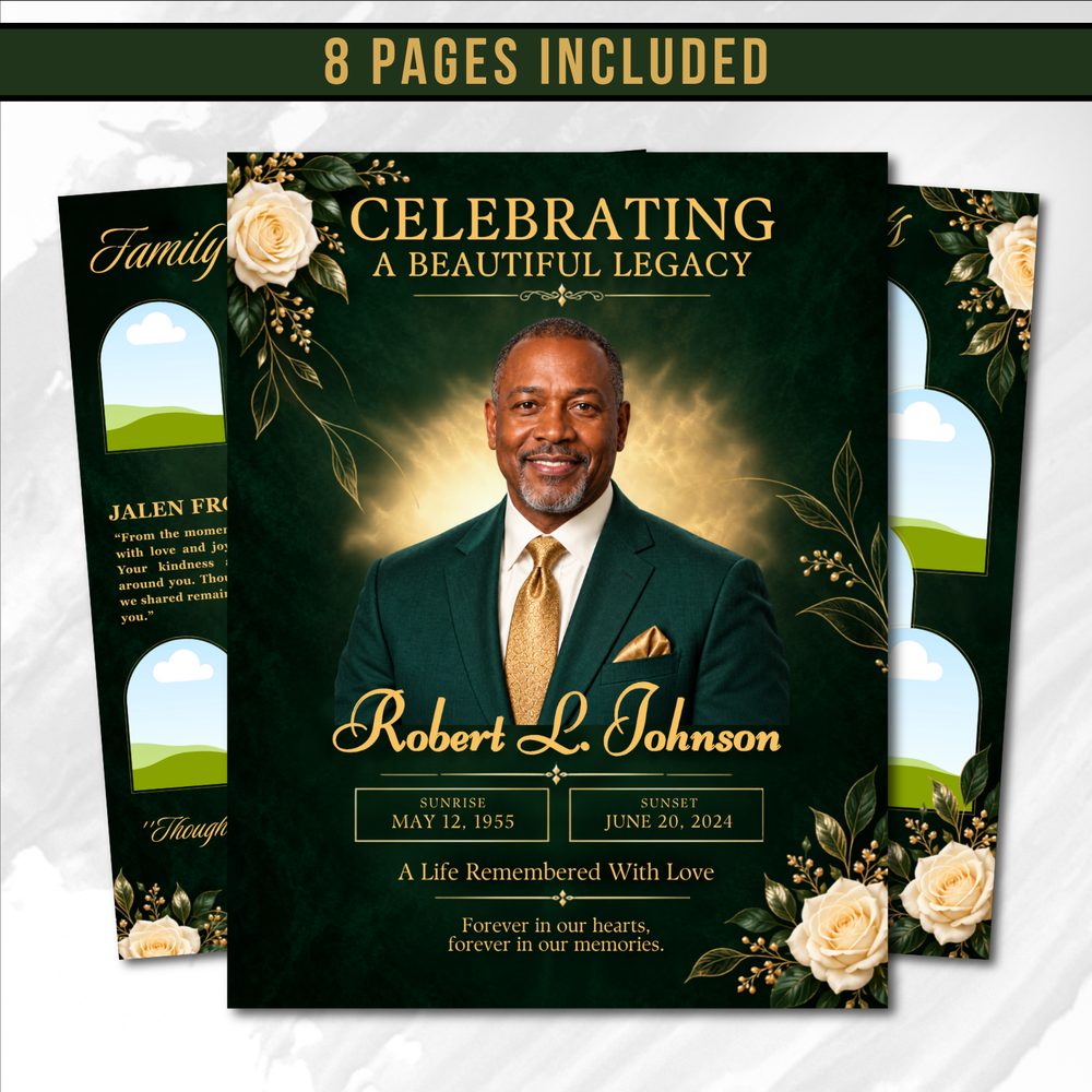 Green and Gold Funeral Program Template: 8-Page Memorial (Canva PDF)