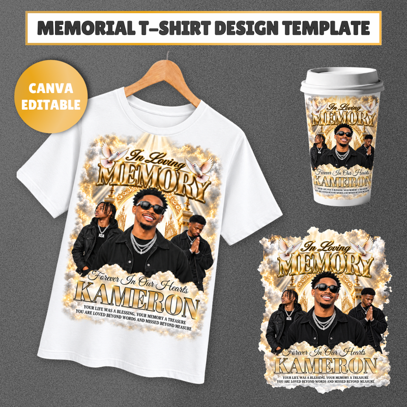 Memorial T-Shirt Canva Template, White Gold Heavenly In Loving Memory, Celebration of Life Design