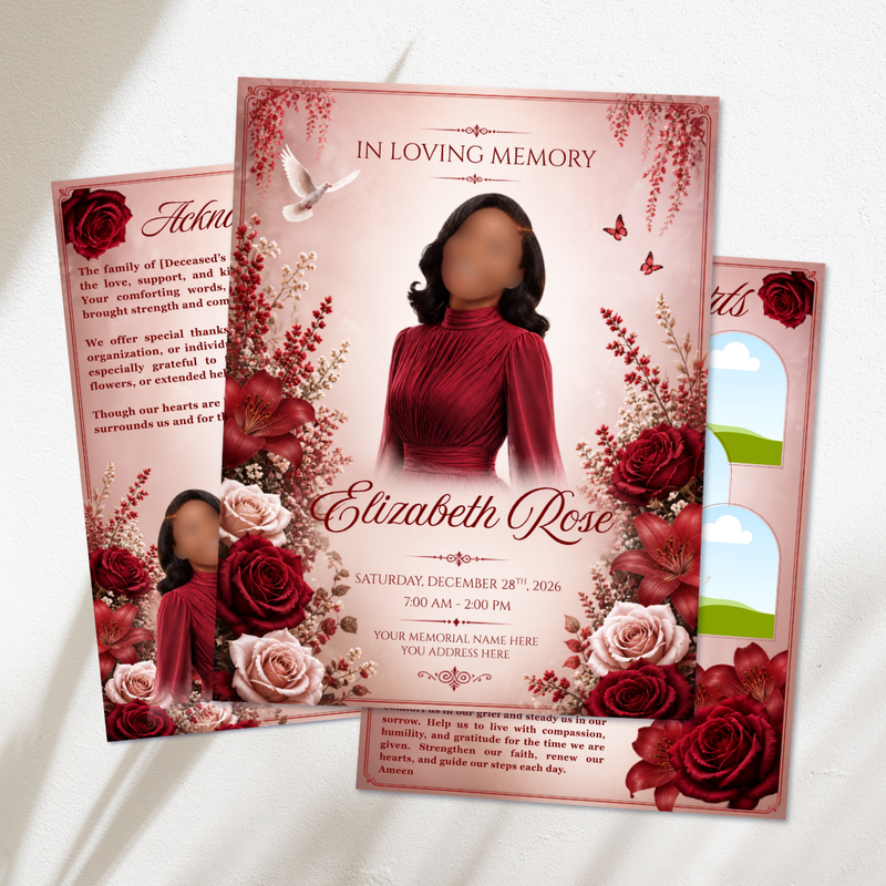 White & Red Roses Funeral Program Template, Memorial Obituary (Canva Template)