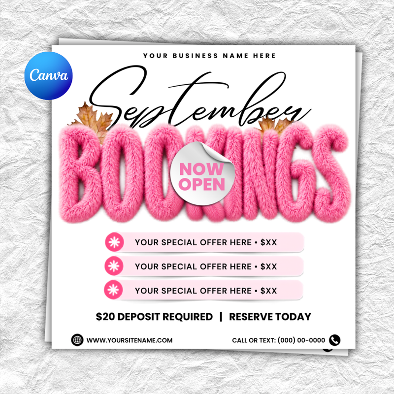 September Booking Flyer, Fall Booking Flyer, September Books Open Flyer, Hair Nails Wig Install Flyer, Salon Flyer, Editable Canva Template