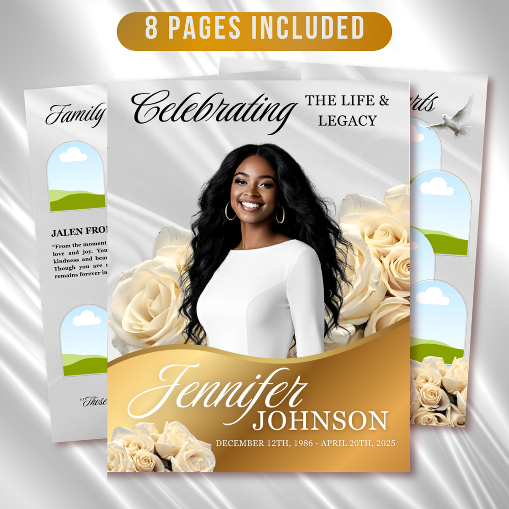 White Roses Funeral Program Template: Celebration of Life (Canva, 8 Pages, Digital Download)
