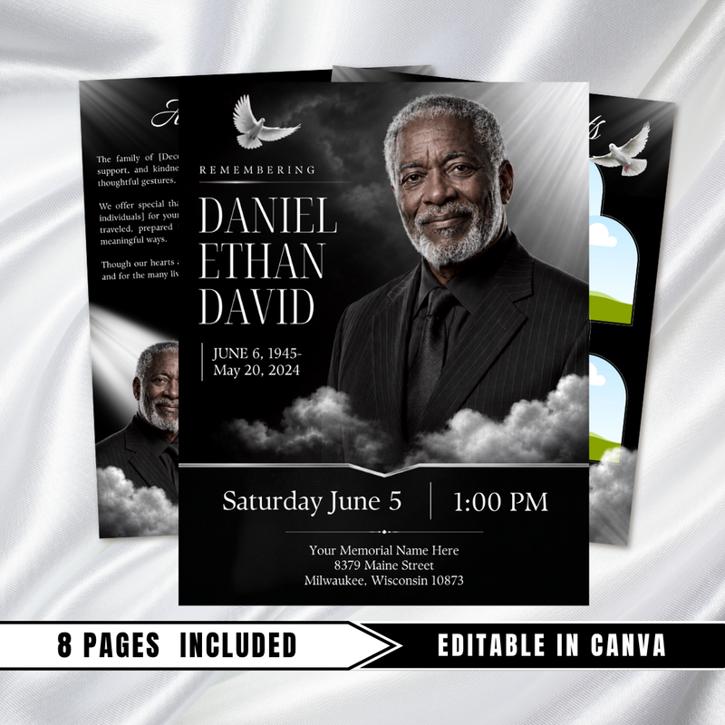 Black Cloud Funeral Program Template: 8-Page Memorial (Canva Template, PDF Download)