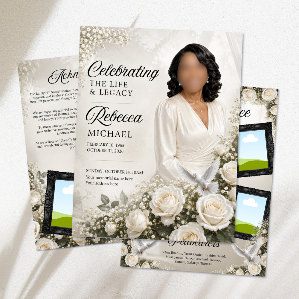 White & Black Roses Funeral Program Template: 8-Page Memorial (Canva, 17x11 Digital Download)