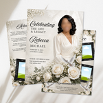 White & Black Roses Funeral Program Template: 8-Page Memorial (Canva, 17x11 Digital Download)