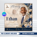 Blue & White Funeral Announcement Flyer: Obituary, Celebration of Life (Canva Template PDF)