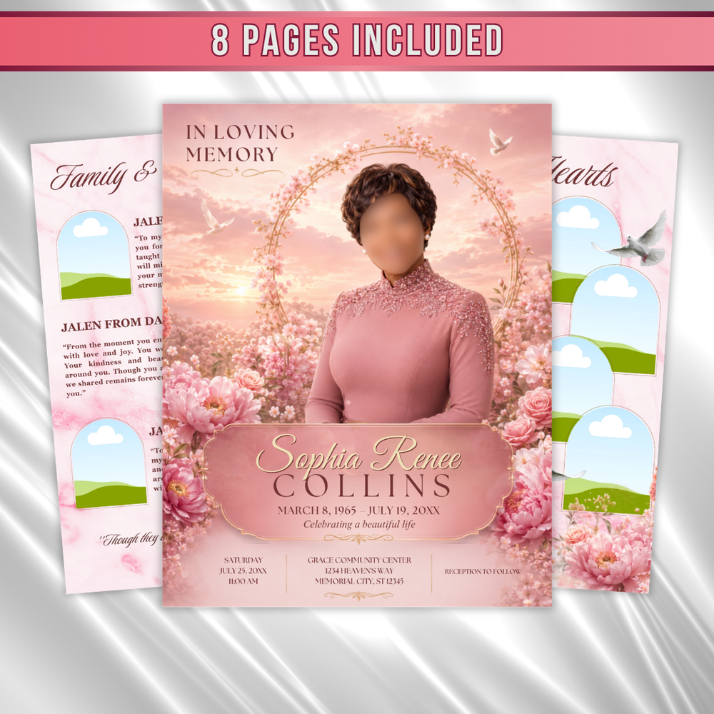 Pink Flower Funeral Program Template: 8-Page Memorial (Canva PDF)