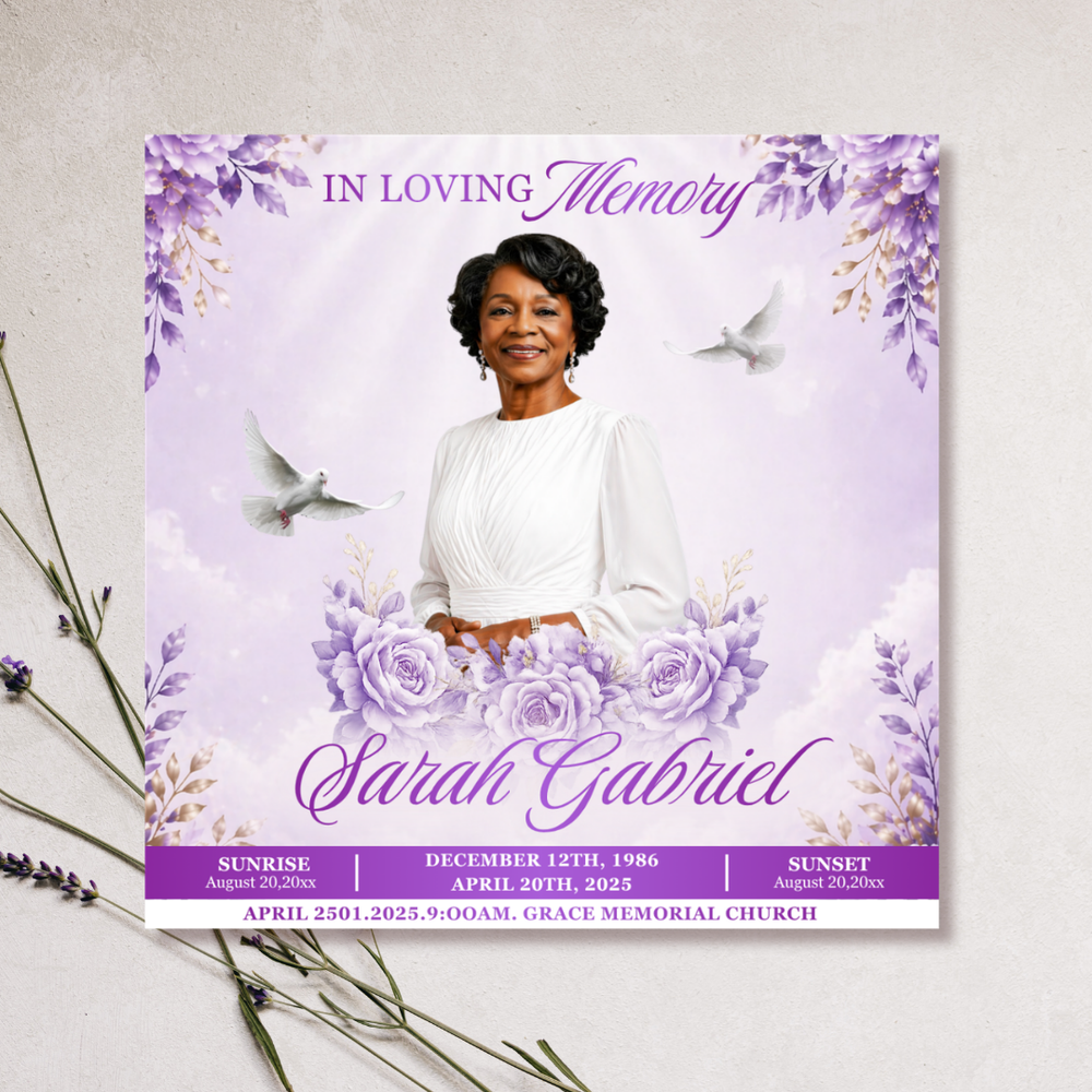 Purple Funeral Announcement Flyer: Celebration of Life (Canva Template, Digital Download, 8x8