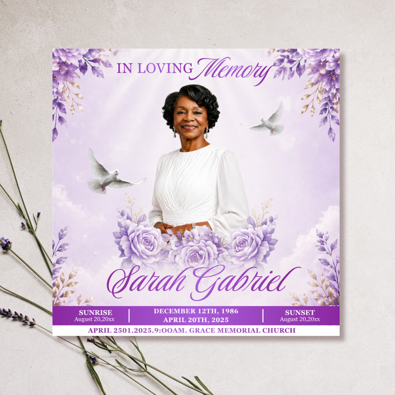 Purple Funeral Announcement Flyer: Celebration of Life (Canva Template, Digital Download, 8x8