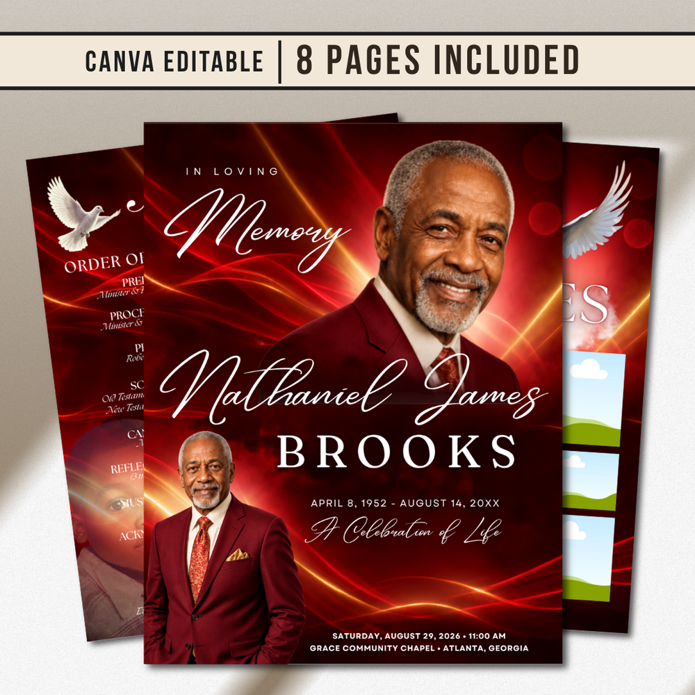Red Funeral Program Canva Template | Red Theme | 8 Page Memorial Booklet