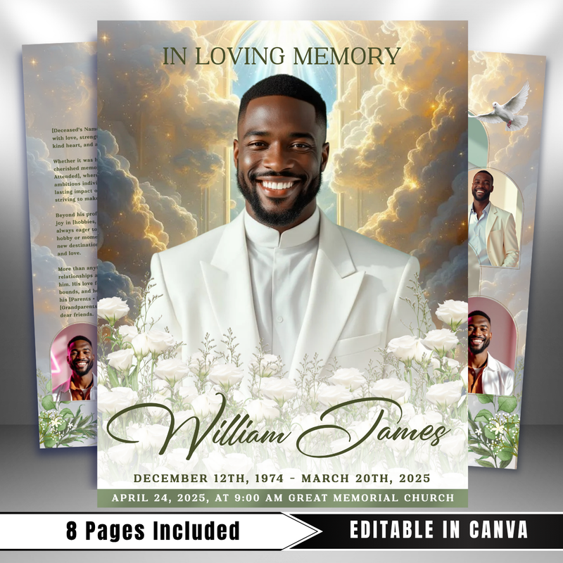 White Roses Funeral Program Template, 8 Page Memorial (Canva)