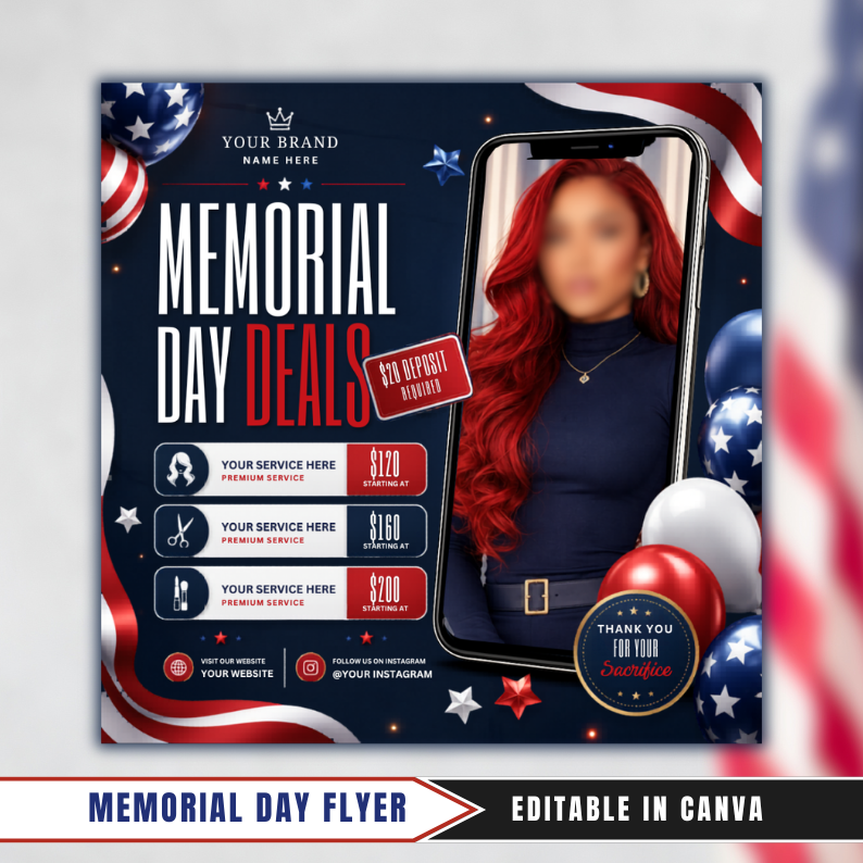 Memorial Day Booking Flyer, Memorial Day Special, May Booking, Memorial Day Exclusive Offer, Makeup, Hair, Lashes, Nails, Canva Editable