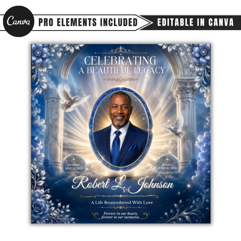 Blue & White Funeral Announcement Flyer: Obituary, Celebration of Life (Canva Template PDF)