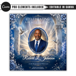 Blue & White Funeral Announcement Flyer: Obituary, Celebration of Life (Canva Template PDF)